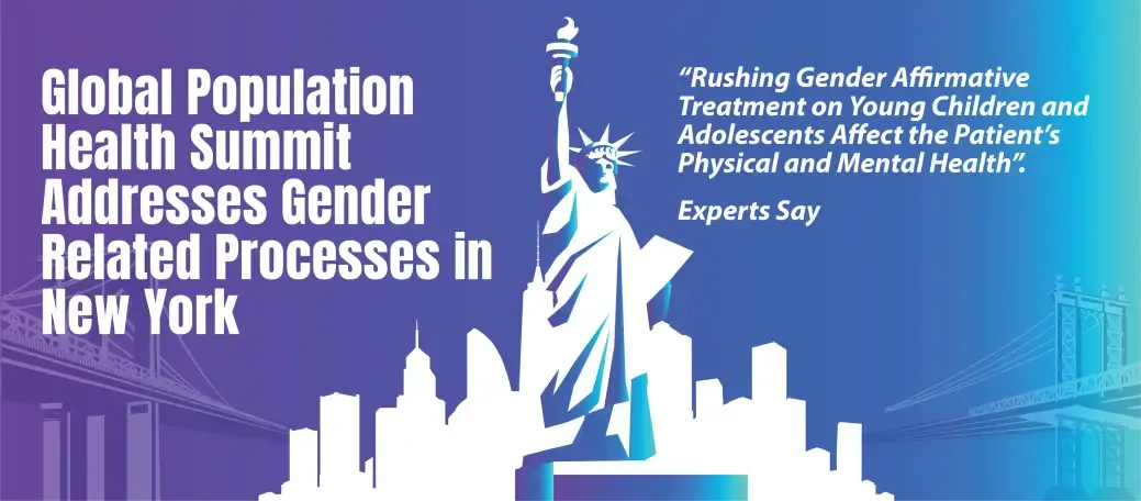 Statue of Liberty rising over New York with caption: Global Population Health Summit Addresses Gender Related Processes in New York