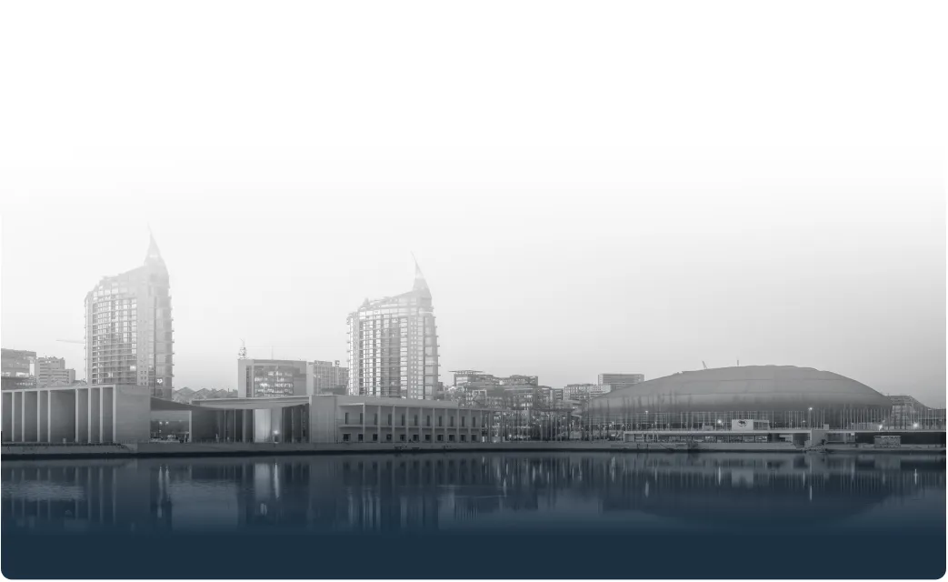 Black and white image of city harbour and skyline